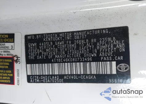 2008 Toyota Camry Xle z USA, uszkodzony, nr VIN 4T1BE46K08U733496